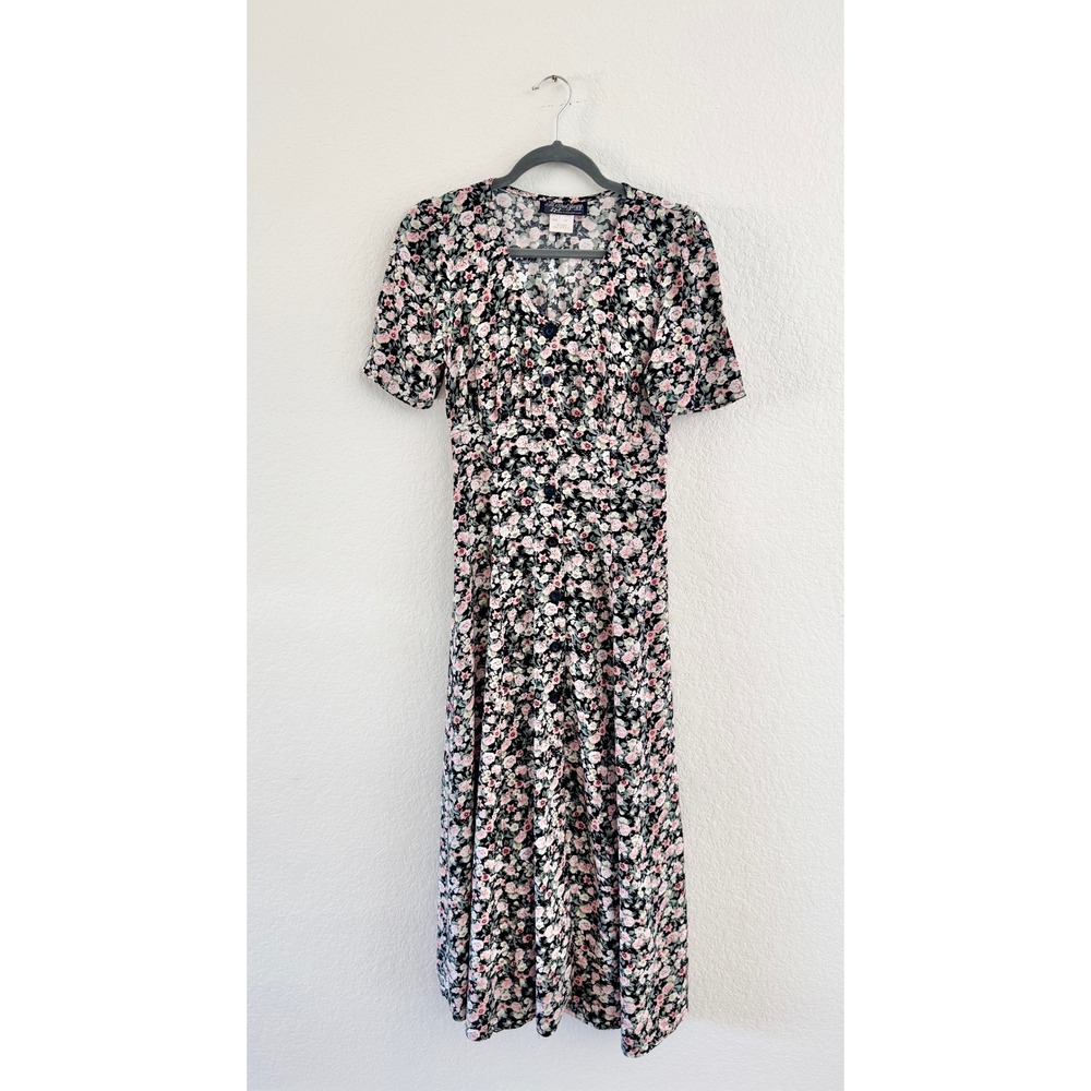 All That Jazz Maxi Dress Womens 7/8 Black Floral 90s Vintage Rayon Button Front